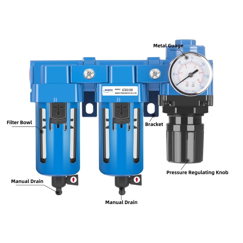 NANPU 1/2" NPT Air Drying System - Double Air Filters, Air Pressure Regulator Combo - Manual Drain, Poly Bowl - DFR-04M - Image 3